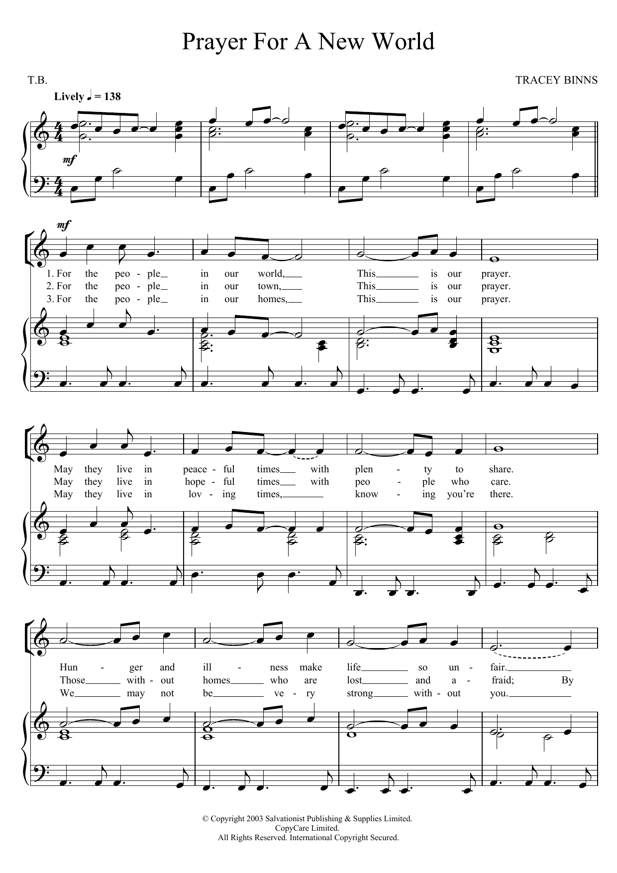 Download The Salvation Army Prayer For A New World Sheet Music and learn how to play Unison Voice PDF digital score in minutes