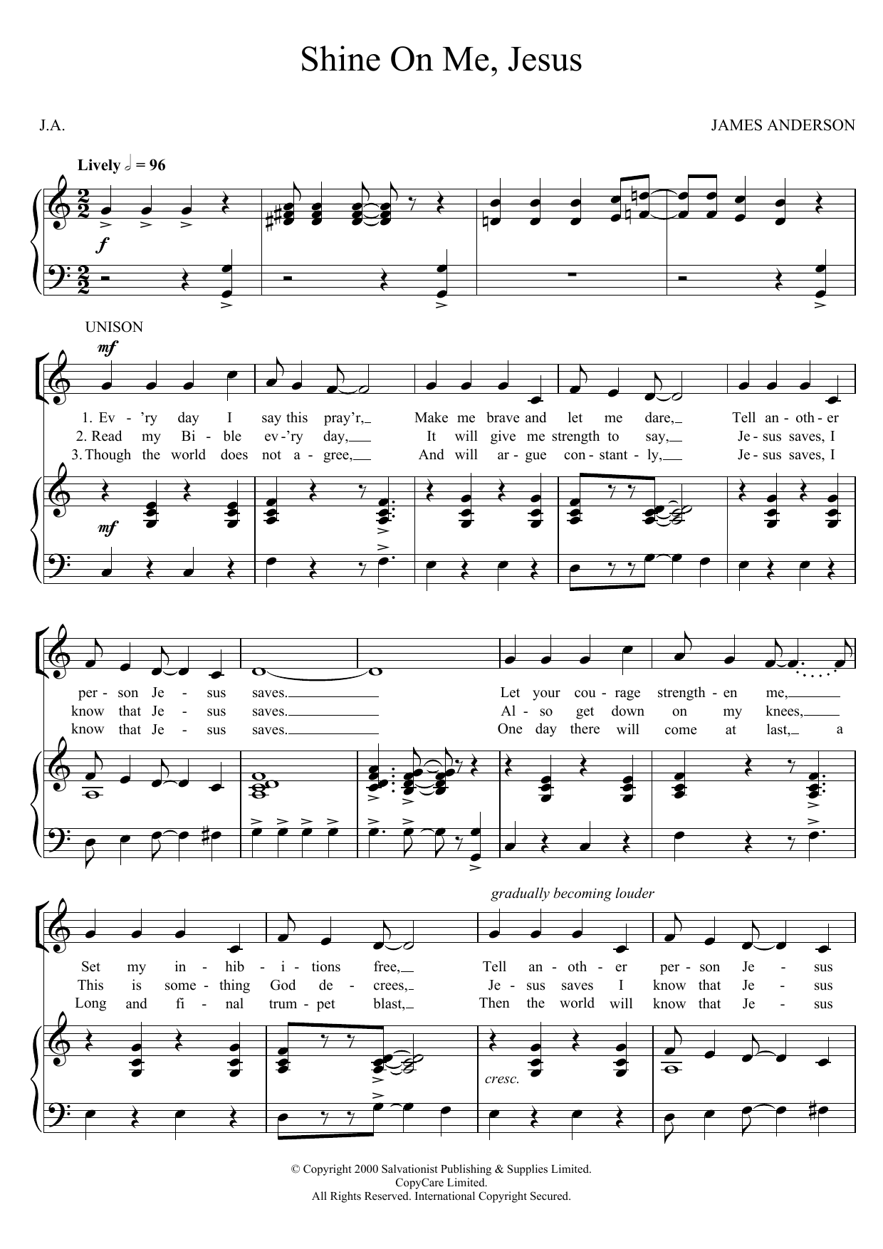 Download The Salvation Army Shine On Me, Jesus Sheet Music and learn how to play Unison Voice PDF digital score in minutes