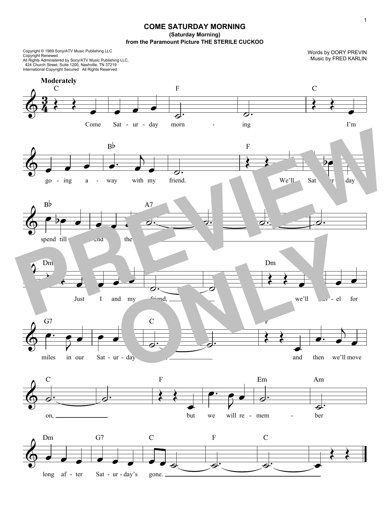 Download The Sandpipers Come Saturday Morning (Saturday Morning) Sheet Music and learn how to play Lead Sheet / Fake Book PDF digital score in minutes