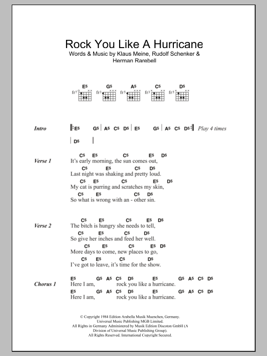 Download The Scorpions Rock You Like A Hurricane Sheet Music and learn how to play Lyrics & Chords PDF digital score in minutes