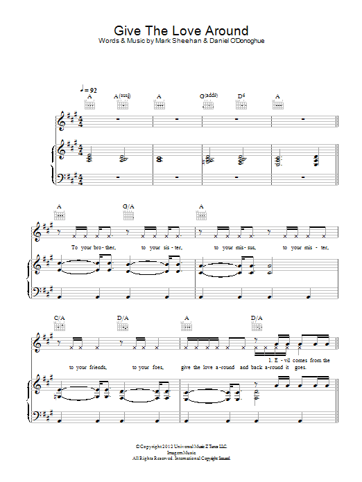 Download The Script Give The Love Around Sheet Music and learn how to play Piano, Vocal & Guitar (Right-Hand Melody) PDF digital score in minutes