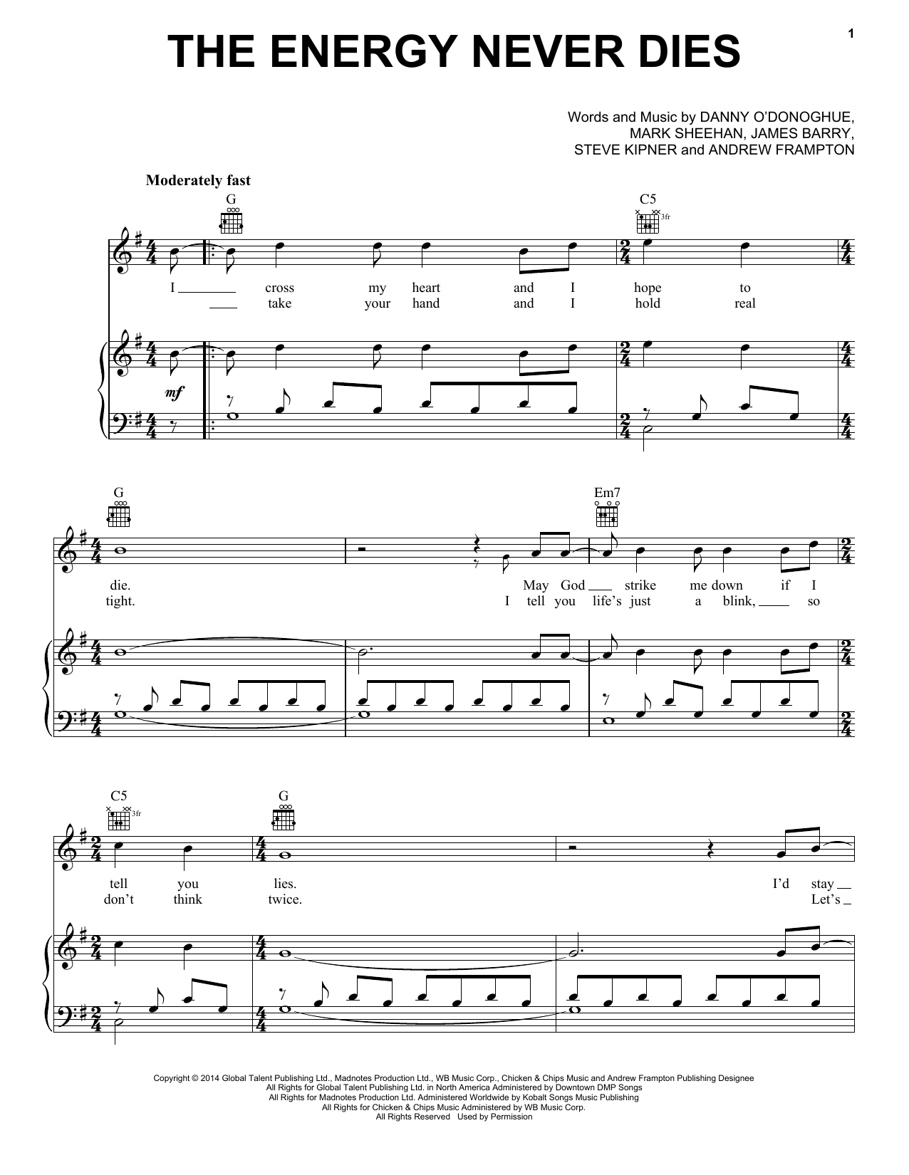 Download The Script The Energy Never Dies Sheet Music and learn how to play Piano, Vocal & Guitar (Right-Hand Melody) PDF digital score in minutes