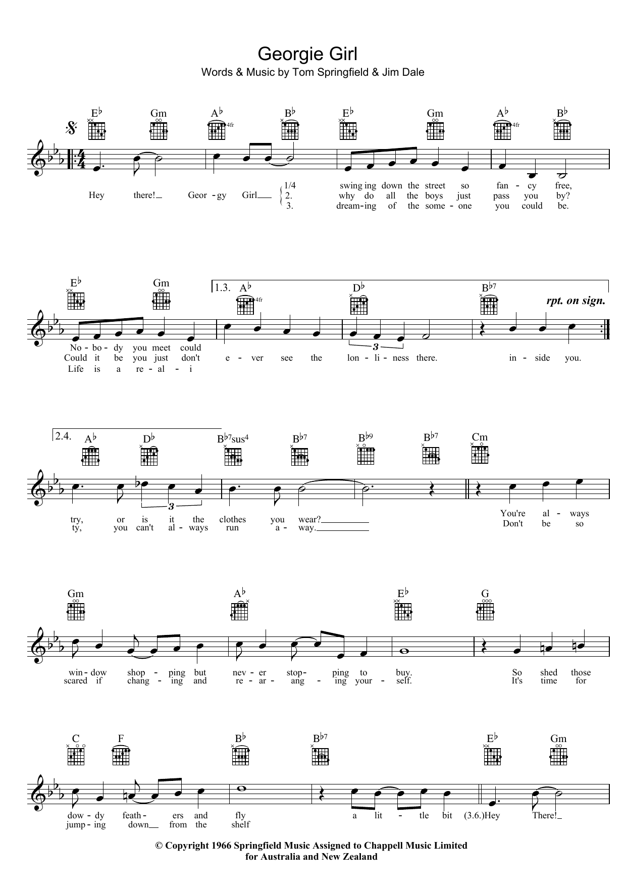 Download The Seekers Georgie Girl Sheet Music and learn how to play Melody Line, Lyrics & Chords PDF digital score in minutes