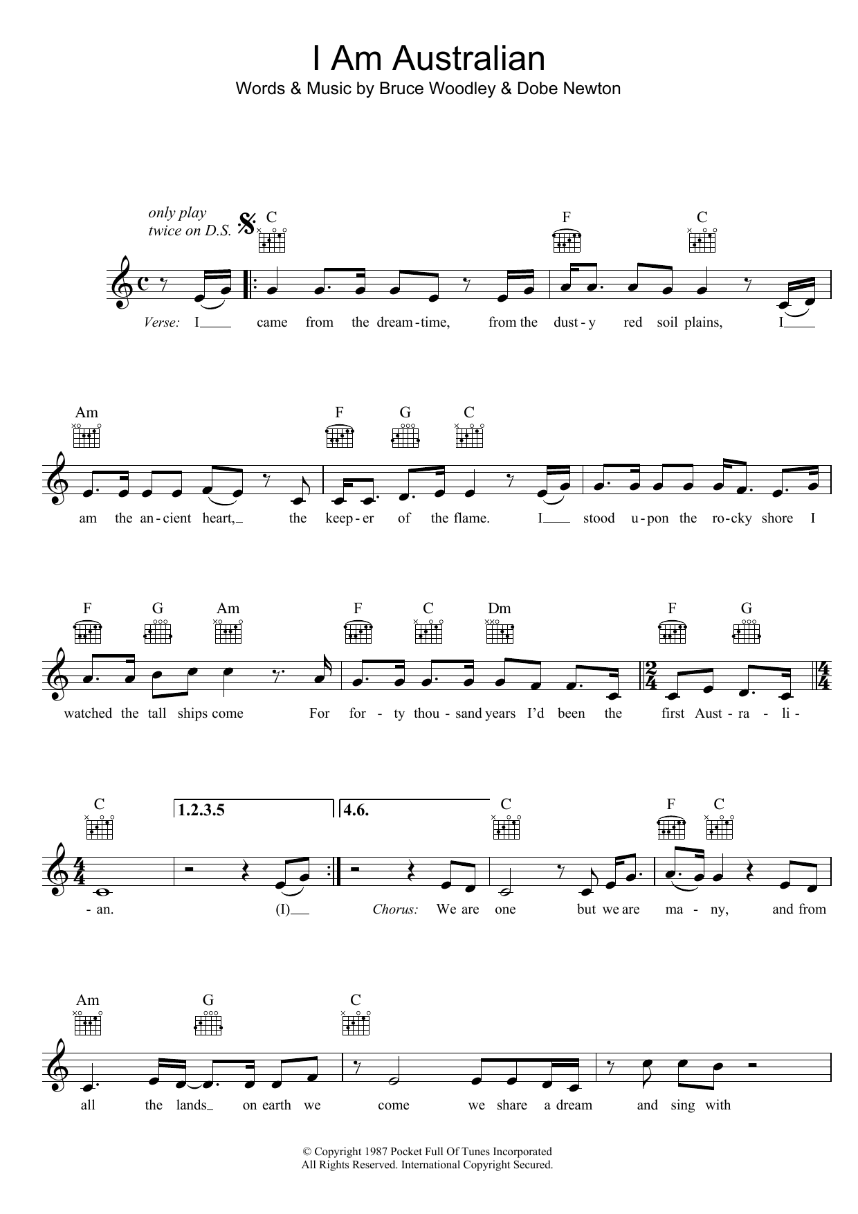 Download The Seekers I Am Australian Sheet Music and learn how to play Melody Line, Lyrics & Chords PDF digital score in minutes