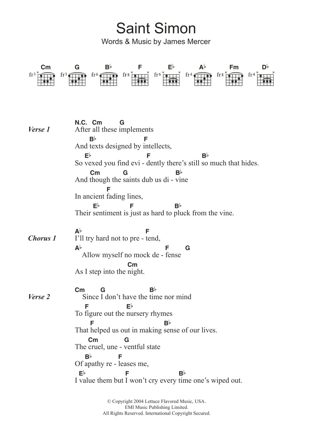 Download The Shins Saint Simon Sheet Music and learn how to play Lyrics & Chords PDF digital score in minutes