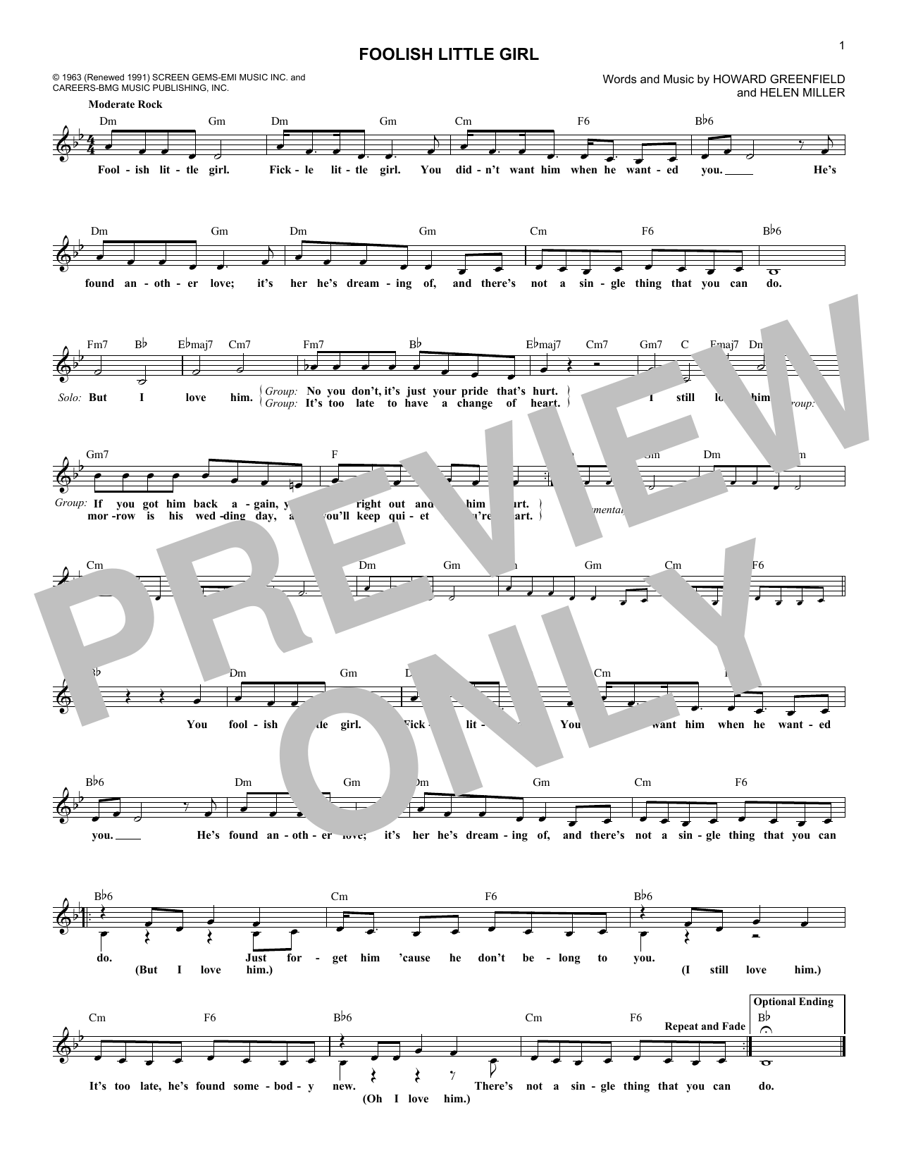 Download The Shirelles Foolish Little Girl Sheet Music and learn how to play Melody Line, Lyrics & Chords PDF digital score in minutes