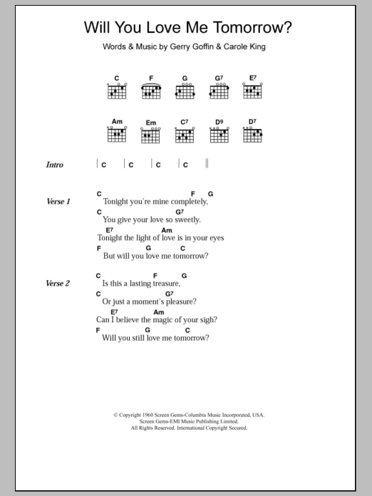 Download The Shirelles Will You Love Me Tomorrow Sheet Music and learn how to play Lyrics & Chords PDF digital score in minutes