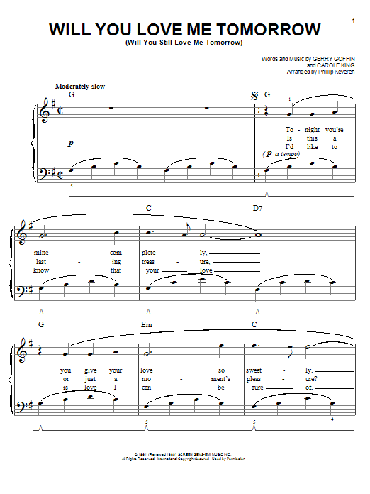 Download The Shirelles Will You Love Me Tomorrow (Will You Still Love Me Tomorrow) Sheet Music and learn how to play Easy Piano PDF digital score in minutes