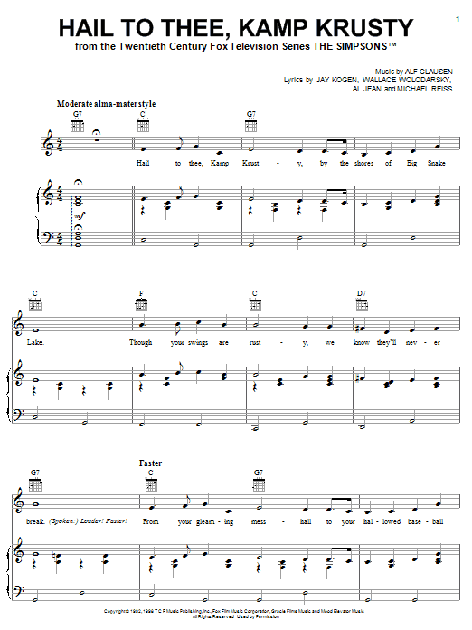 Download The Simpsons Hail To Thee, Kamp Krusty Sheet Music and learn how to play Piano, Vocal & Guitar (Right-Hand Melody) PDF digital score in minutes