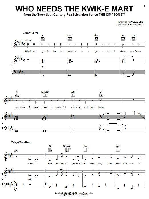 Download The Simpsons Who Needs The Kwik-E Mart Sheet Music and learn how to play Piano, Vocal & Guitar (Right-Hand Melody) PDF digital score in minutes