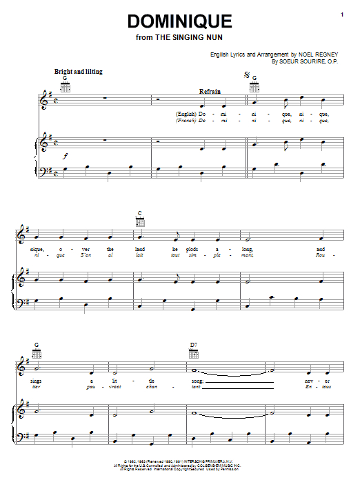 Download The Singing Nun Dominique Sheet Music and learn how to play Melody Line, Lyrics & Chords PDF digital score in minutes