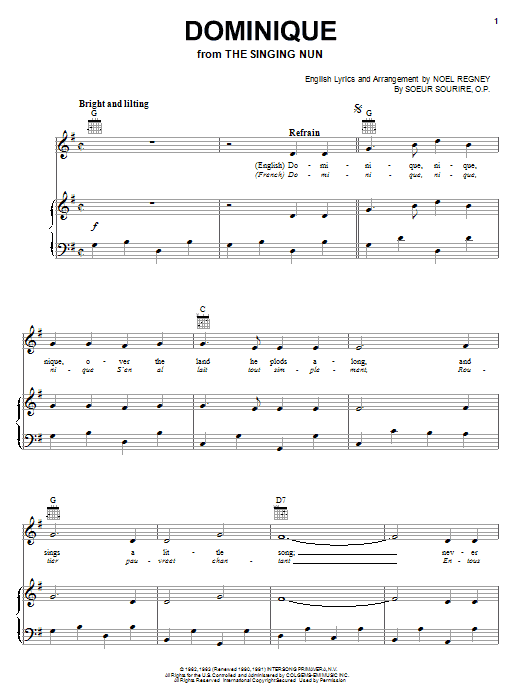 Download The Singing Nun Dominique Sheet Music and learn how to play Piano, Vocal & Guitar (Right-Hand Melody) PDF digital score in minutes