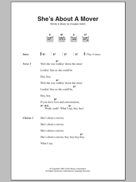 Download The Sir Douglas Quintet She's About A Mover Sheet Music and learn how to play Lyrics & Chords PDF digital score in minutes