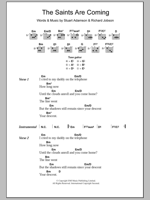 Download The Skids The Saints Are Coming Sheet Music and learn how to play Lyrics & Chords PDF digital score in minutes