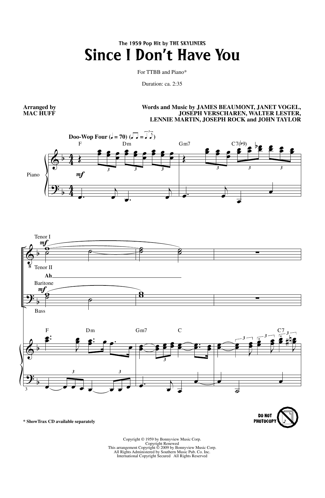 Download The Skyliners Since I Don't Have You (arr. Mac Huff) Sheet Music and learn how to play TTBB Choir PDF digital score in minutes