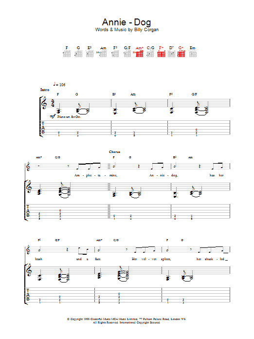 Download The Smashing Pumpkins Annie-Dog Sheet Music and learn how to play Guitar Tab PDF digital score in minutes