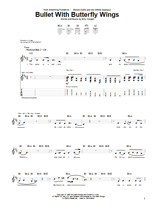 Download The Smashing Pumpkins Bullet With Butterfly Wings Sheet Music and learn how to play Guitar Tab PDF digital score in minutes