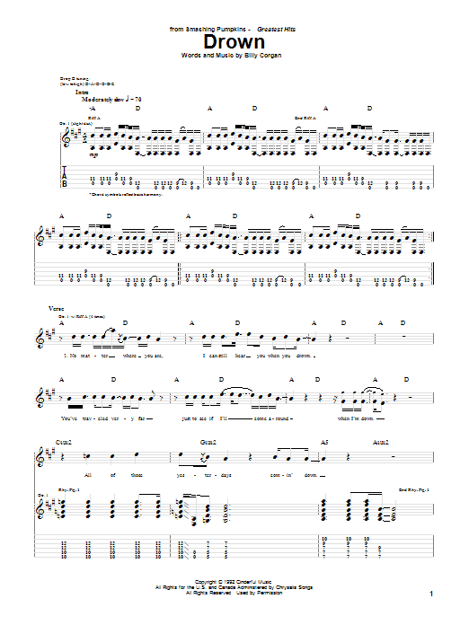 Download The Smashing Pumpkins Drown Sheet Music and learn how to play Guitar Tab PDF digital score in minutes