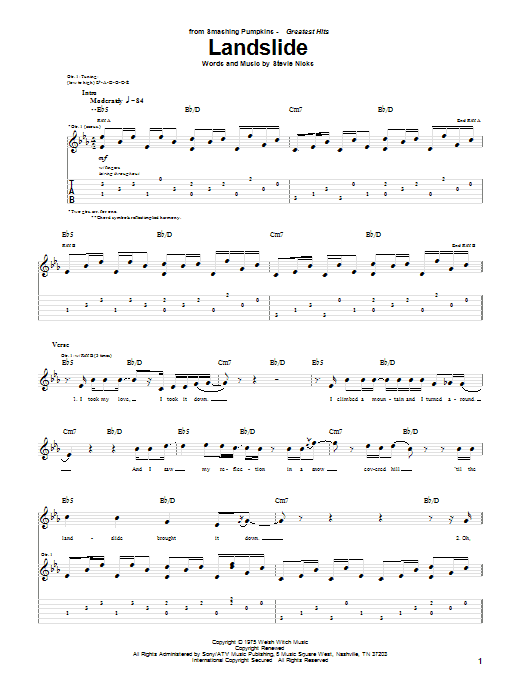 Download The Smashing Pumpkins Landslide Sheet Music and learn how to play Guitar Tab PDF digital score in minutes