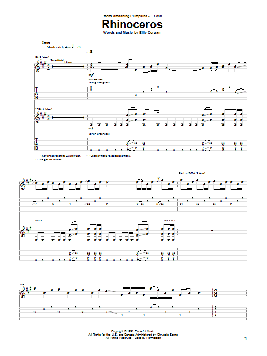 Download The Smashing Pumpkins Rhinoceros Sheet Music and learn how to play Guitar Tab PDF digital score in minutes