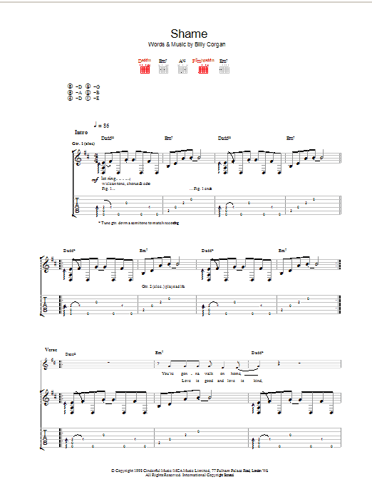 Download The Smashing Pumpkins Shame Sheet Music and learn how to play Guitar Tab PDF digital score in minutes