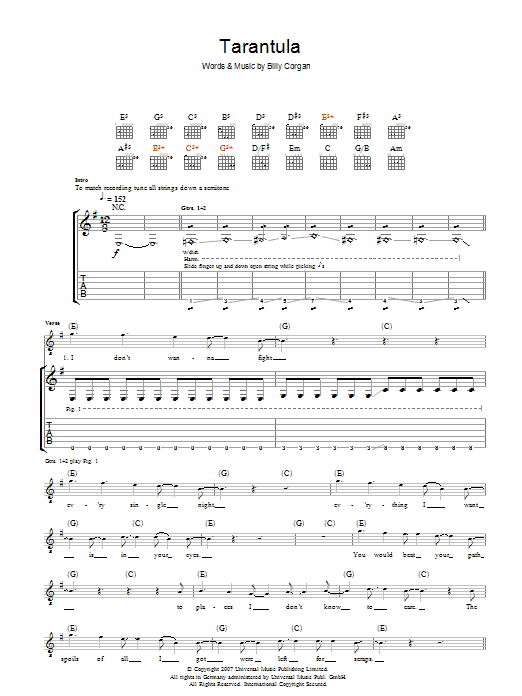 Download The Smashing Pumpkins Tarantula Sheet Music and learn how to play Guitar Tab PDF digital score in minutes