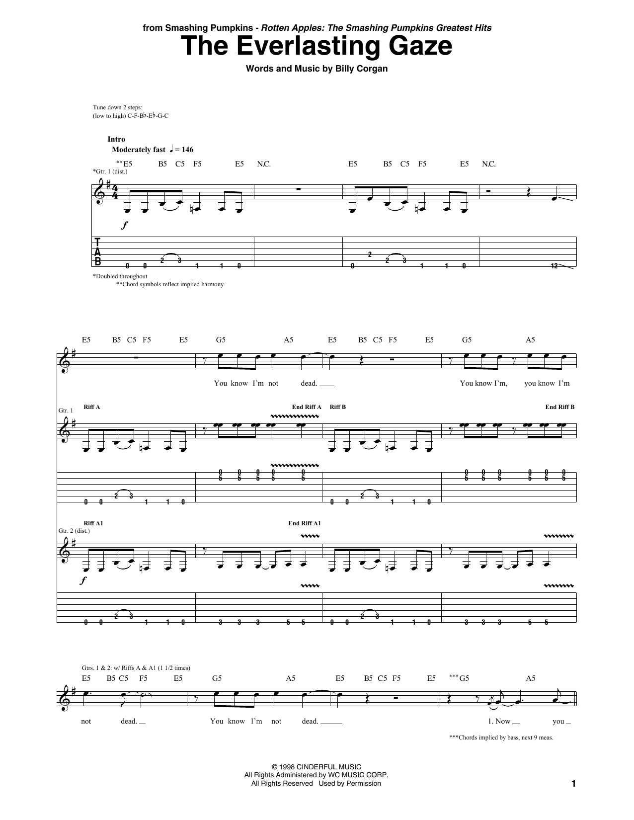 Download The Smashing Pumpkins The Everlasting Gaze Sheet Music and learn how to play Guitar Tab PDF digital score in minutes