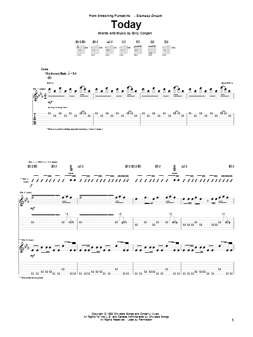 Download The Smashing Pumpkins Today Sheet Music and learn how to play Guitar Tab PDF digital score in minutes