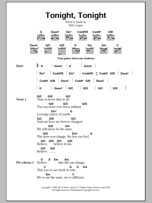 Download The Smashing Pumpkins Tonight, Tonight Sheet Music and learn how to play Guitar Chords/Lyrics PDF digital score in minutes