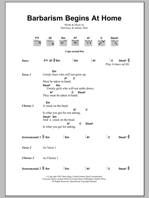 Download The Smiths Barbarism Begins At Home Sheet Music and learn how to play Lyrics & Chords PDF digital score in minutes