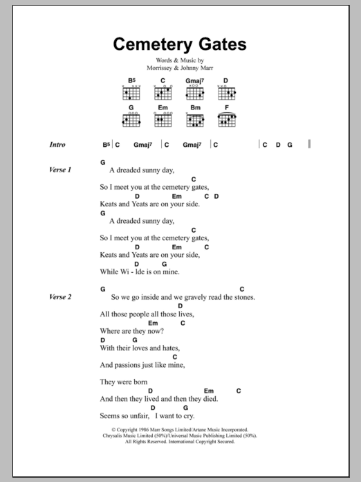 Download The Smiths Cemetry Gates Sheet Music and learn how to play Lyrics & Chords PDF digital score in minutes