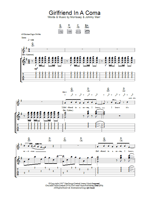 Download The Smiths Girlfriend In A Coma Sheet Music and learn how to play Piano, Vocal & Guitar (Right-Hand Melody) PDF digital score in minutes