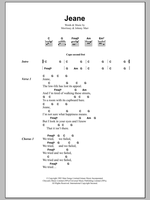 Download The Smiths Jeane Sheet Music and learn how to play Lyrics & Chords PDF digital score in minutes