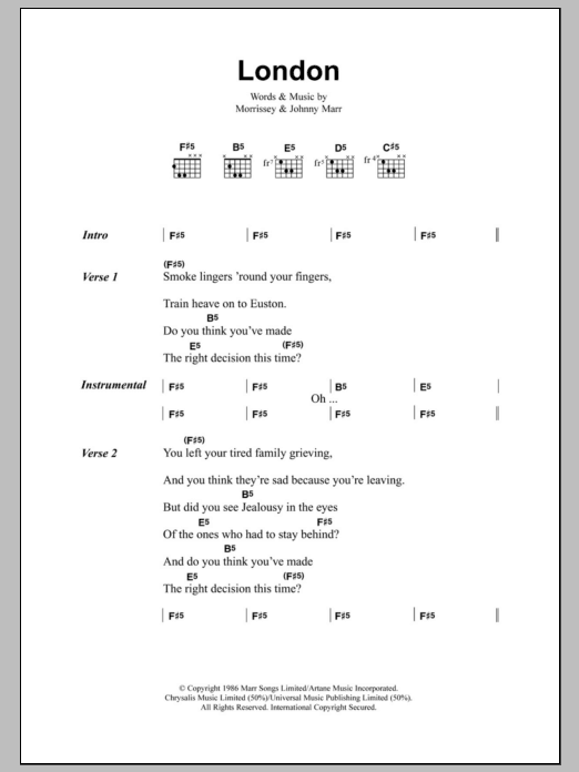 Download The Smiths London Sheet Music and learn how to play Lyrics & Chords PDF digital score in minutes