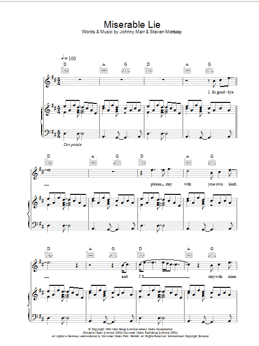 Download The Smiths Miserable Lie Sheet Music and learn how to play Piano, Vocal & Guitar PDF digital score in minutes