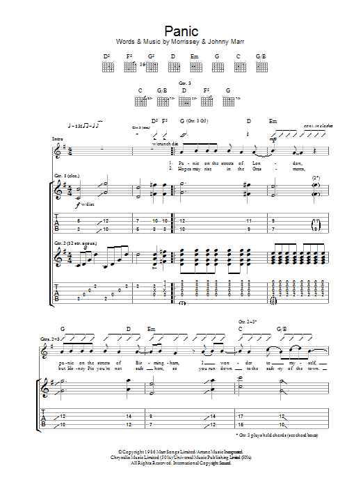 Download The Smiths Panic Sheet Music and learn how to play Guitar Tab PDF digital score in minutes