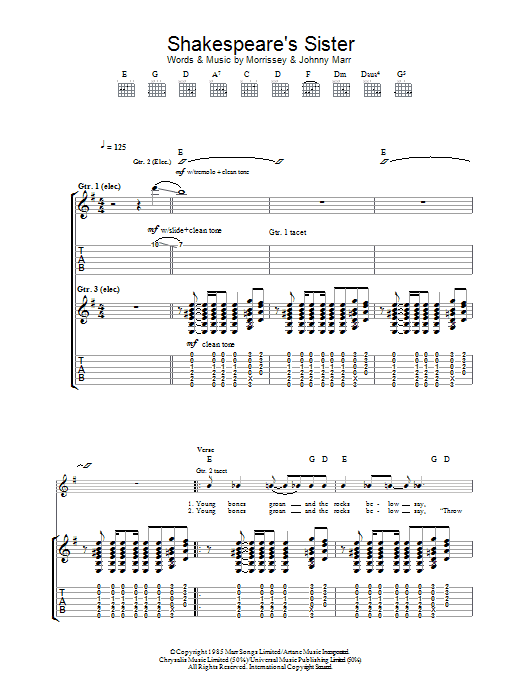 Download The Smiths Shakespeare's Sister Sheet Music and learn how to play Guitar Tab PDF digital score in minutes