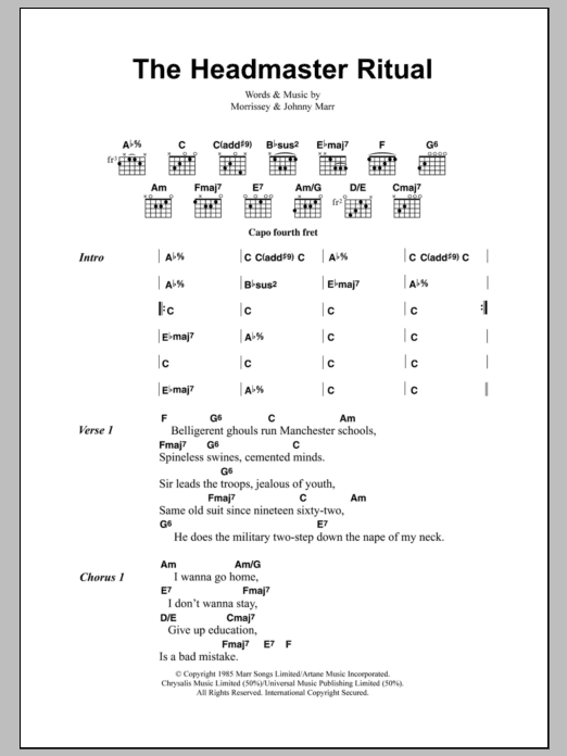 Download The Smiths The Headmaster Ritual Sheet Music and learn how to play Lyrics & Chords PDF digital score in minutes