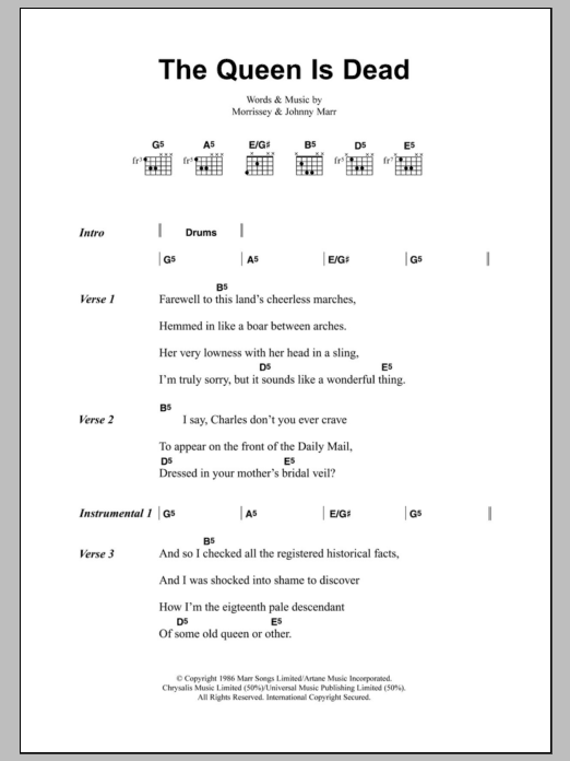 Download The Smiths The Queen Is Dead Sheet Music and learn how to play Lyrics & Chords PDF digital score in minutes