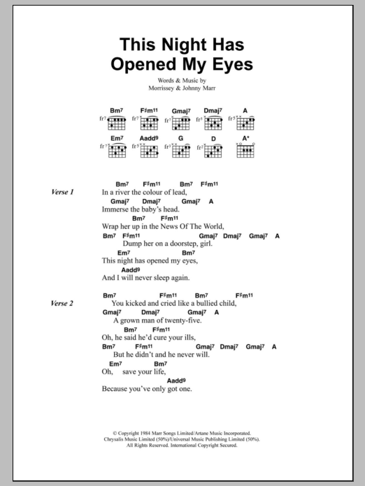 Download The Smiths This Night Has Opened My Eyes Sheet Music and learn how to play Lyrics & Chords PDF digital score in minutes