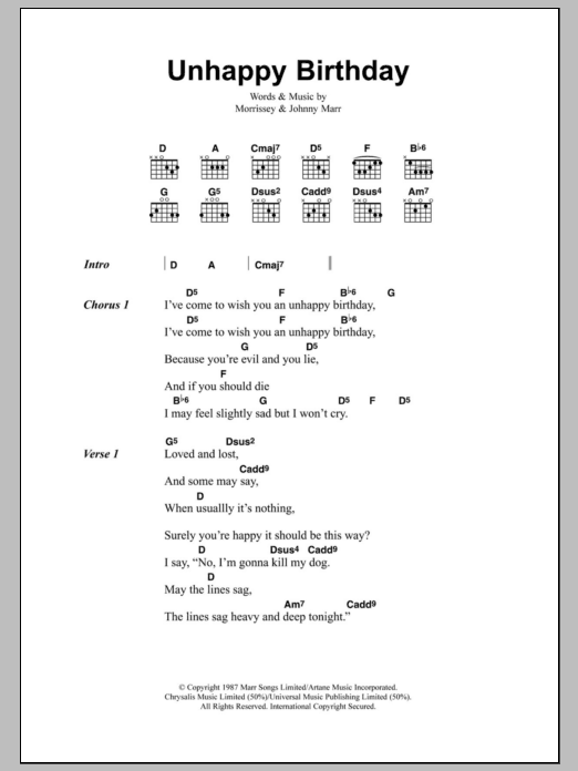 Download The Smiths Unhappy Birthday Sheet Music and learn how to play Lyrics & Chords PDF digital score in minutes