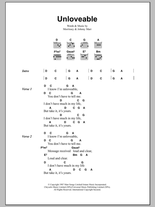 Download The Smiths Unloveable Sheet Music and learn how to play Lyrics & Chords PDF digital score in minutes