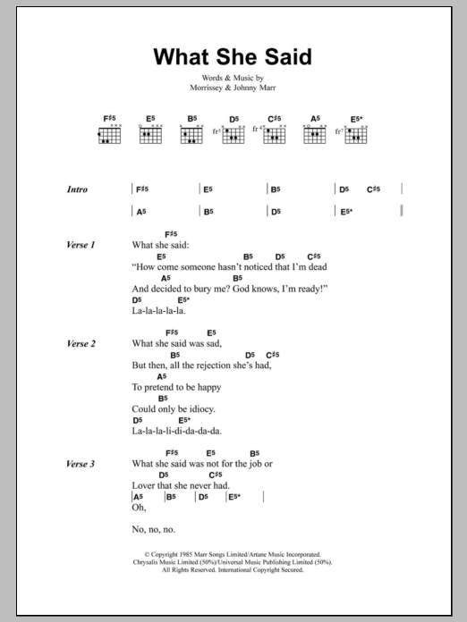 Download The Smiths What She Said Sheet Music and learn how to play Lyrics & Chords PDF digital score in minutes