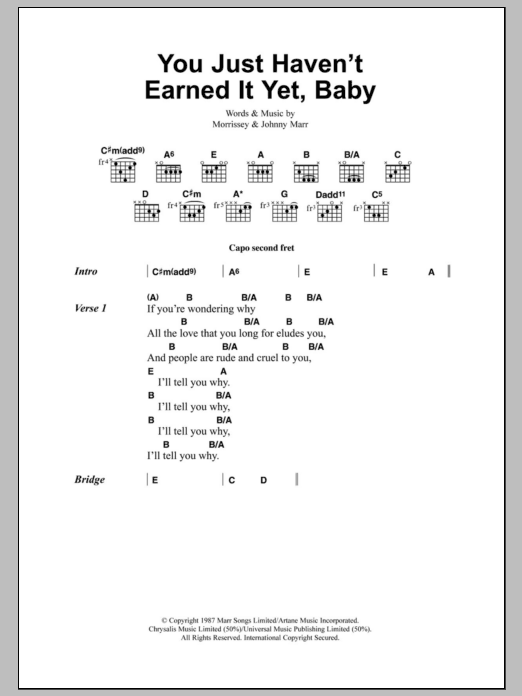 Download The Smiths You Just Haven't Earned It Yet, Baby Sheet Music and learn how to play Lyrics & Chords PDF digital score in minutes