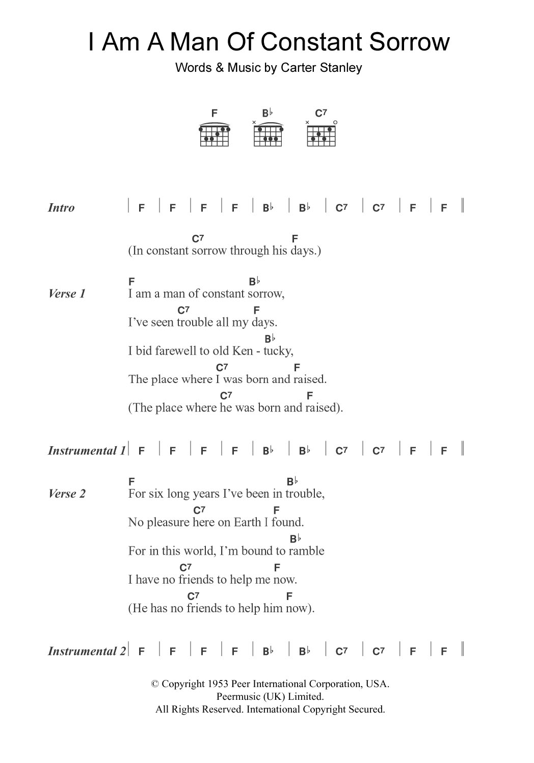 Download The Soggy Bottom Boys I Am A Man Of Constant Sorrow (from O Brother Where Art Thou?) Sheet Music and learn how to play Lyrics & Chords PDF digital score in minutes