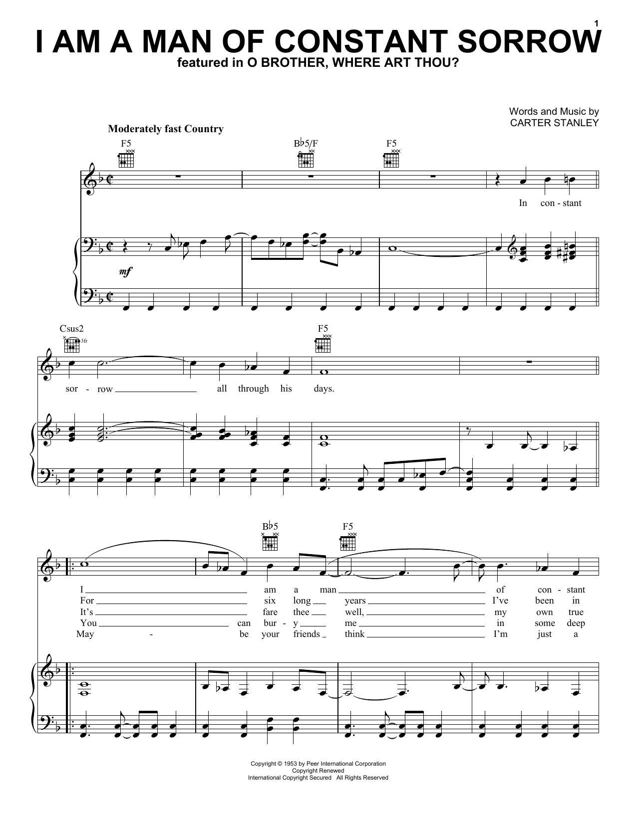 Download The Soggy Bottom Boys I Am A Man Of Constant Sorrow Sheet Music and learn how to play Easy Piano PDF digital score in minutes