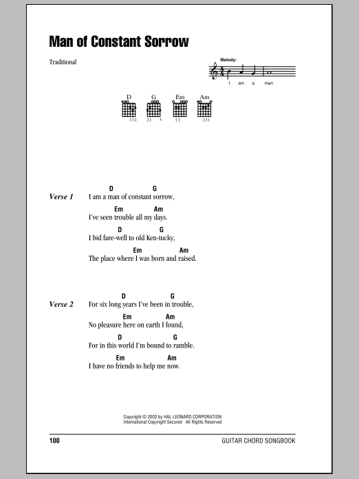 Download The Soggy Bottom Boys Man Of Constant Sorrow Sheet Music and learn how to play Lyrics & Chords PDF digital score in minutes