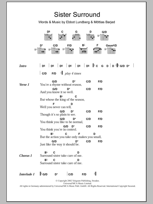 Download The Soundtrack Of Our Lives Sister Surround Sheet Music and learn how to play Lyrics & Chords PDF digital score in minutes