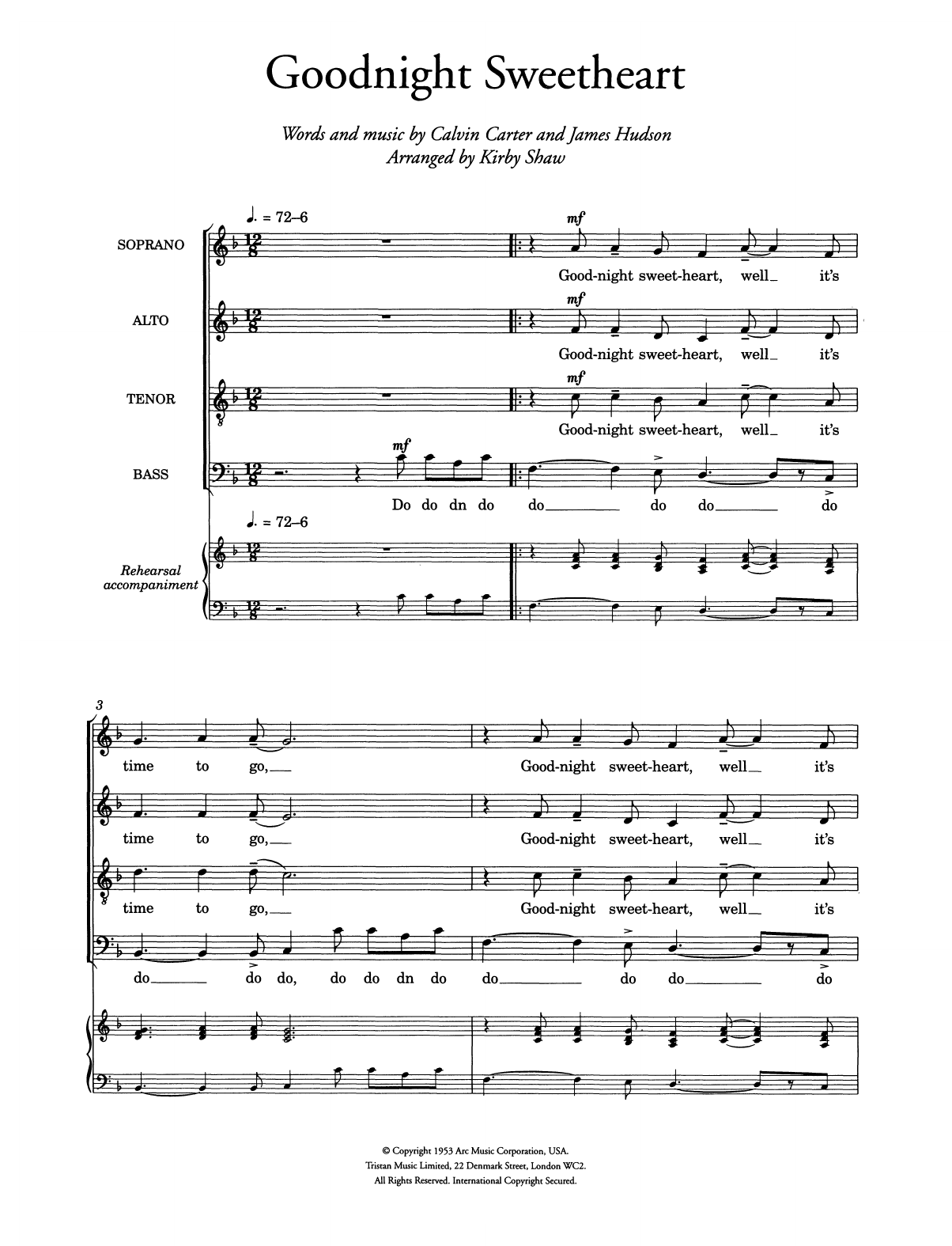 Download The Spaniels Goodnight Sweetheart (arr. Kirby Shaw) Sheet Music and learn how to play Choir PDF digital score in minutes