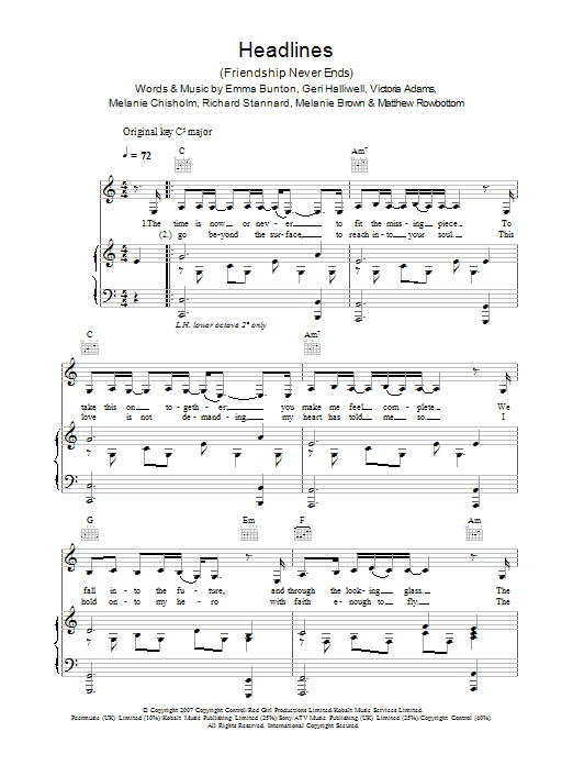 Download The Spice Girls Headlines (Friendship Never Ends) Sheet Music and learn how to play Beginner Piano PDF digital score in minutes